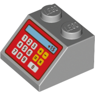 Lego Brick Sloped 45° 2 x 2 with Red Cash Register and '+15' Print / Light Bluish Gray