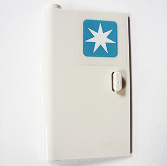Lego Door 1 x 3 x 4 Left - Open Between Top and Bottom Hinge with Maersk Star Logo Pattern (Sticker) - Set 10219 / White