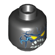 Lego Minifig Head General Garg, Yellow Triangular Eyes, Blue Lightning on Front and Back, Pointed White Teeth Print [Hollow Stud] / Black