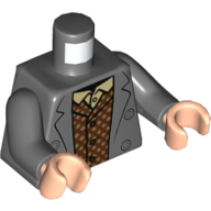 Lego Torso Jacket, Dark Red/Medium Nougat Vest, Tan Shirt print, Dark Bluish Grey Arms, Light Nougat Hands / Dark Bluish Gray