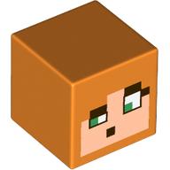 Lego Minifig Head Special, Cube with Minecraft Alex, One Eye Wide Open print / Orange