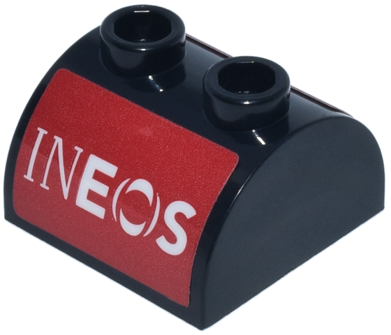 Lego Slope, Curved 2 x 2 Double with 2 Hollow Studs with White 'INEOS' Logo on Red Background Pattern on Both Sides (Stickers) - Set 77244