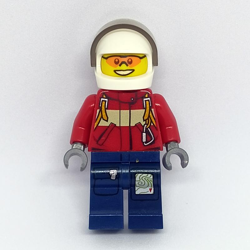 Lego Fireman, Red Jacket with Straps, Dark Blue Legs, White Helmet with Visor, Orange Sunglasses