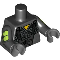 Torso, Armor with Yellow Triangle and Panels and Gears Print, Black Arms, Dark Bluish Gray Hands / Black