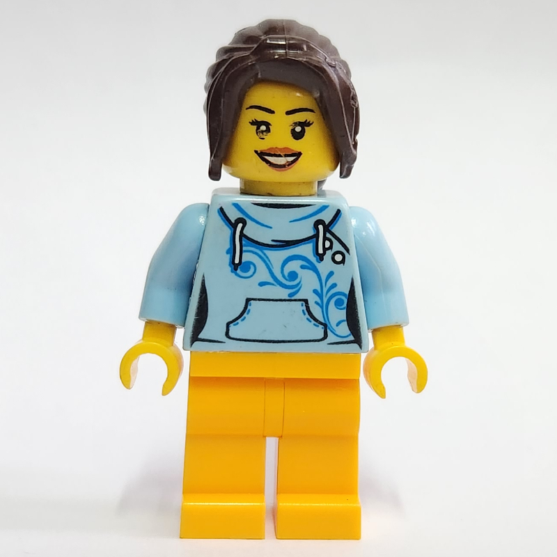 Lego Bright Light Blue Torso, Bright Light Orange Legs, Dark Brown Hair