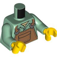 Lego Torso, Medium Nougat Apron print, Sand Green Arms, Yellow Hands / Sand Green