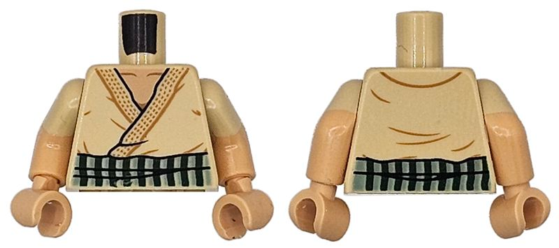 Lego Torso Robe with Dark Tan and Black Trim and Creases, Medium Tan Neck with Collar Bones, Dark Green and Sand Green Belt Pattern / Medium Tan Arms with Molded Tan Short Sleeves Pattern / Medium Tan Hands
