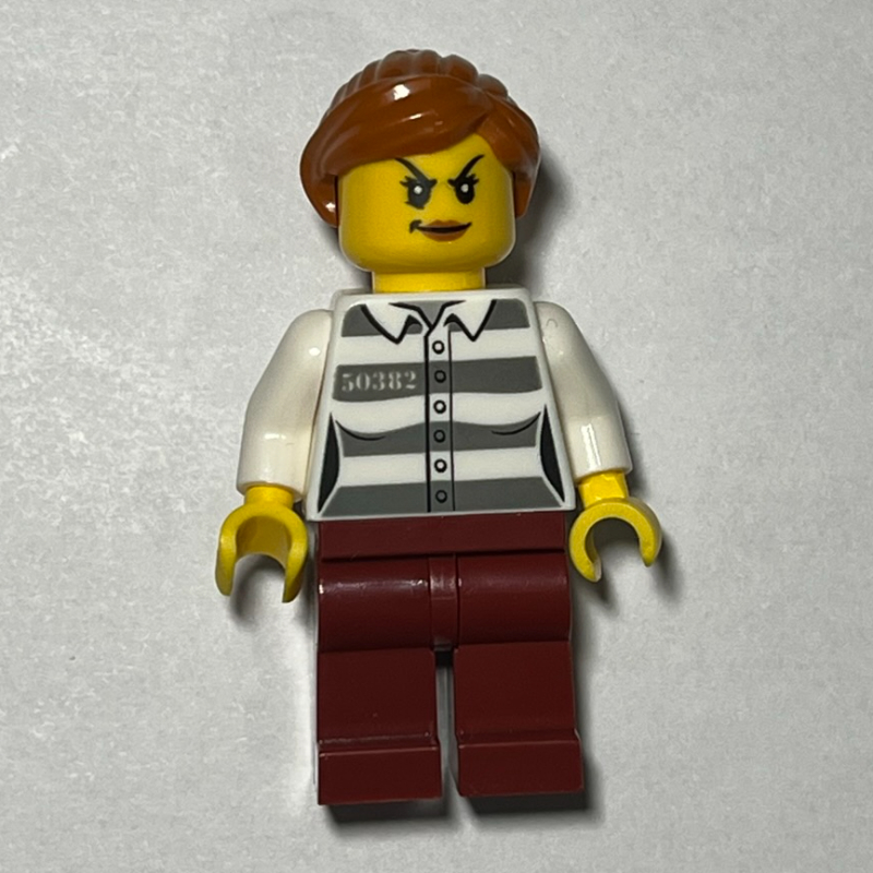 Lego Criminal, Woman, Prison Shirt with '50382', Dark Red Legs, Dark Orange Hair