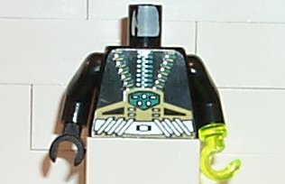 Lego Torso Aquazone Aquaraider Gold & Silver Straps, Control Box Pattern / Black Arms / Black Hand Right / Trans-Neon Green Hook Left