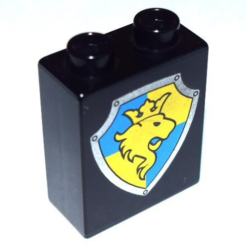 Lego Duplo Brick 1 x 2 x 2 with Shield, Lion and Crown on Yellow and Blue Background Print / Black