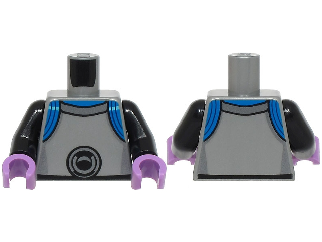 Lego Torso Armor with Dark Silver Highlights and Large Circle, Blue Collar and Shoulder Rings Pattern / Black Arms / Medium Lavender Hands