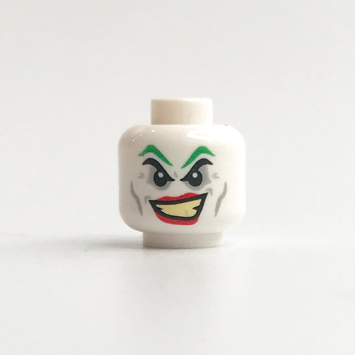 Lego Minifig Head Joker, Green Eyebrows, Red Lips, Wide Smile Print [Hollow Stud] / White