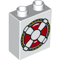 Lego Duplo Brick 1 x 2 x 2 with Bottom Tube and Life Preserver Print / White