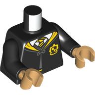 Lego Torso, Robe, Yellow Collar, Hufflepuff Crest, White Shirt, White/Black Tie print, Black Arms, Warm Tan Hands / Black