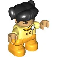 Duplo Figure Child with Ponytails and Bangs Black, Bright Light Orange Legs, Jacket with White Badge Print / Bright Light Yellow