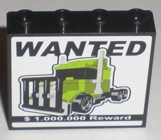 Lego Panel 1 x 4 x 3 with Side Supports - Hollow Studs with 'WANTED $1.000.000 Reward' Pattern (Sticker) - Sets 8196 / 8199 / Black