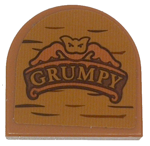 Lego Tile, Round 2 x 2 Half Circle Extended with Wood Grain and 'GRUMPY' Pattern (Sticker) - Set 43242