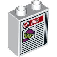 Lego Duplo Brick 1 x 2 x 2 with Bottom Tube and Newspaper with Green Goblin and 'DBG' Print / White