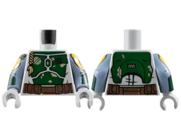Torso SW Mandalorian Dark Green Armor, Belt, Braid, Silver Emblem and Battle Damage, Dark Red Rectangle Pattern / Sand Blue Arms with Armor Pattern / Light Bluish Gray Hands