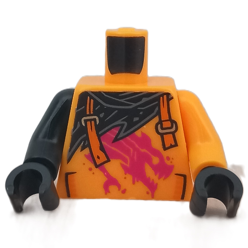 Lego Torso, Odd Arms, Black Cloak, Orange Straps, Magenta Dragon print, Left Bright Light Orange Arm, Right Black Arm, Black Hands / Bright Light Orange