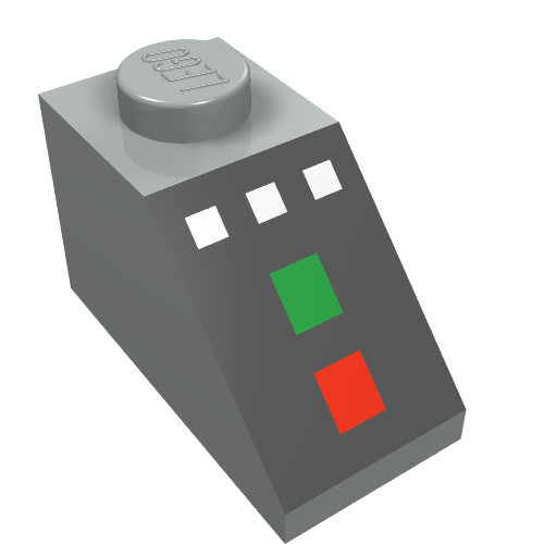 Lego Brick Sloped 45° 2 x 1 with Bottom pin, with 3 White Buttons, Red and Green Lamps Print