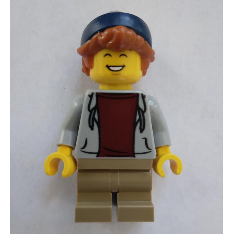 Lego Kid, Light Bluish Grey Torso, Dark Tan Legs, Dark Blue Beanie