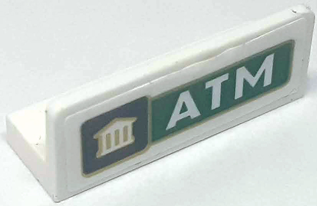 Lego Panel 1 x 3 x 1 with White Bank Logo with Gold Outline on Black Background and 'ATM' on Green Background Pattern (Sticker) - Set 60314