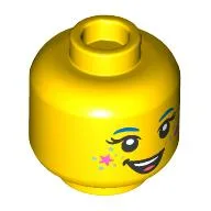 Minifig Head Izzie, Dark Azure Eyebrows, Bright Pink Star and Heart on Cheeks, Dots, Open Mouth Smile / Closed Eyes Smile Print / Yellow