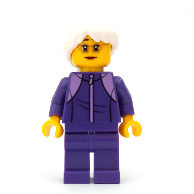 Lego Woman, Dark Purple Jogging Suit, White Hair, Small Glasses