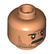 Lego Minifig Head Reuben Delgado, Black Eyebrows, Moustache, Stubbled Beard, Stern/Scared / Nougat