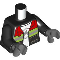 Lego Torso Fire Jacket with Red Collar and Reflective Stripes, Open over White Shirt with Fire Logo Print, Black Arms, Dark Bluish Gray Hands / Black