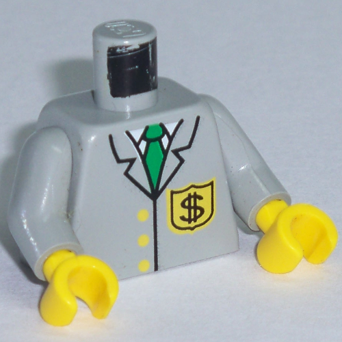 Lego Torso Jacket, with Tie and Dollar Sign Bank Logo Badge Print, Light Gray Arms, Yellow Hands / Light Gray