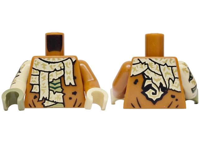 Lego Torso Shirt Open with Black Splotches and Creases, Olive Green Stomach, Tattered Tan Wrappings with Gold Highlights Pattern / Dark Orange Arm Left / Tan Arm Right with Wrappings Pattern / Tan Hand Left / Olive Green Hand Right