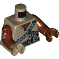 Lego Torso, Odd Hands, Robe, Sand Blue Harness, Utility Belt Print, Reddish Brown Arms with Red and Tan Print, Left Reddish Brown Hand, Right Dark Tan Hand / Dark Tan