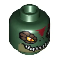 Minifig Head Cragger, Dual Sided, Crocodile with Dark Brown Eye Scales, White Teeth and Red Scar, Wide Eye / Narrow Eye Print [Hollow Stud] / Dark Green