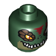 Lego Minifig Head Cragger, Dual Sided, Crocodile with Dark Brown Eye Scales, White Teeth and Red Scar, Wide Eye / Narrow Eye Print [Hollow Stud] / Dark Green