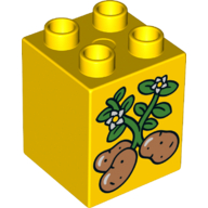 Lego Duplo Brick 2 x 2 x 2 with Three Potatoes with Vines and Flowers Print / Yellow