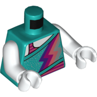 Lego Torso Crop Top with Dark Purple, Coral, and Magenta Lightning, over Magenta and Coral Striped Tank Top Print, White Arms and Hands / Dark Turquoise