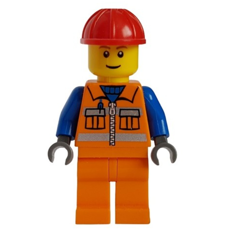 Lego Construction Worker, Orange Safety Vest with Zipper and Pockets, Orange Legs, Red Hard Hat