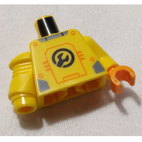 Lego Torso Wrench, Electricity Warning, Orange Lines Print, Yellow Left Arm with Black S print, Orange Hand, Yellow Mechanical Right Arm / Yellow