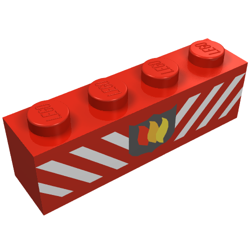 Lego Brick 1 x 4 with Fire Logo Badge and White Diagonal Stripes Print / Red