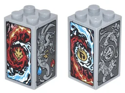 Brick 2 x 2 x 3 with Red and Dark Azure Flames, Red and Dark Azure Waves, Gray Dragon, Lion and Phoenix Pattern on All Sides (Stickers) - Set 70627