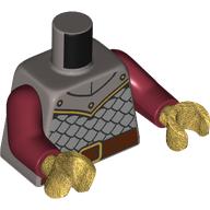 Lego Torso, Silver Armor, Gold Trim, Reddish Brown Belt print, Dark Red Arms, Pearl Gold Hands / Flat Silver
