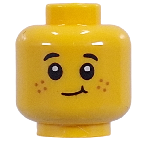 Lego Minifig Head Kid, Freckles, Open Mouth Laughing, Cheeky Smirk / Yellow