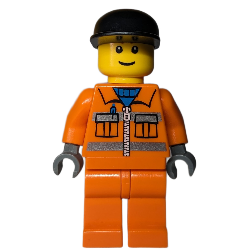 Lego Construction Worker, Orange Jacket with Zipper and Reflective Stripes, Orange Legs, Black Cap