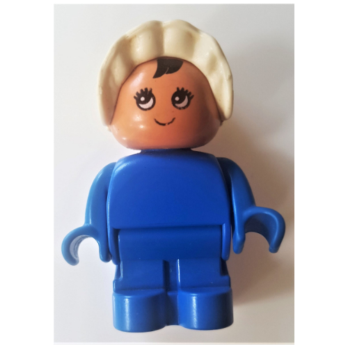 Lego Duplo Figure, Early with Joined Legs, Blue Legs and Body, White Bonnet (Baby) / Blue