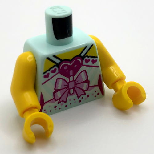 Lego Torso Vest Top, Dark Pink and Bright Pink Bow, Heart, White Stripes print, Yellow Arms and Hands / Light Aqua