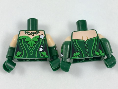 Lego Torso Batman Poison Ivy Plant Foliage White Flowers Pattern / Dark Green Arms with Molded Light Nougat Short Sleeves and Printed Flowers on Left Arm Pattern / Dark Green Hands