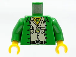 Torso Jacket Open with Buttons over Tan Safari Shirt with Pockets, Black Belt with Silver Buckle and Loops, Necklace, Pen, Compass, Yellow Neck Pattern / Green Arms / Yellow Hands