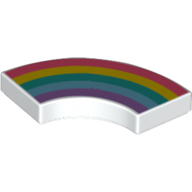Lego Tile 2 x 2 Curved, Macaroni with Coral/Yellow/Dark Turquoise/Medium Blue/Lavender Rainbow Print / White